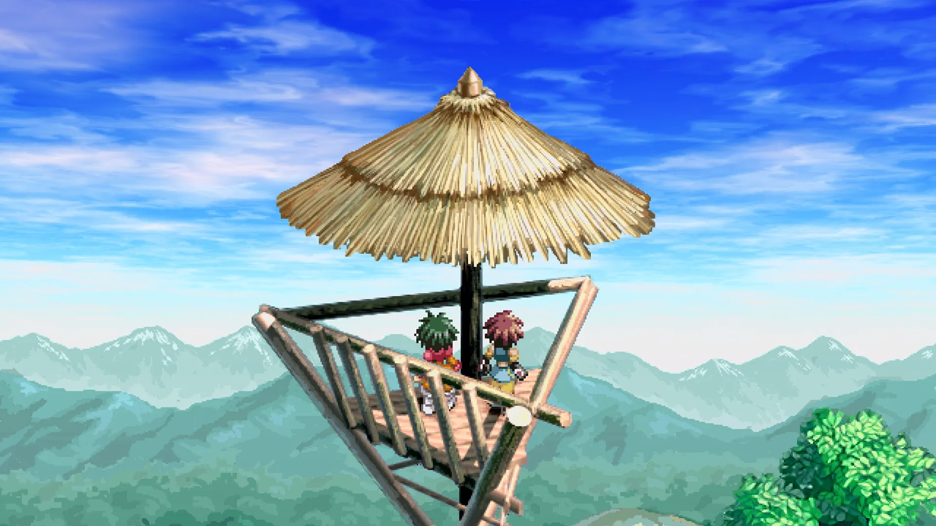 Reid and Farah on a thatched lookout above the mountains in Tales of Eternia Remastered.
