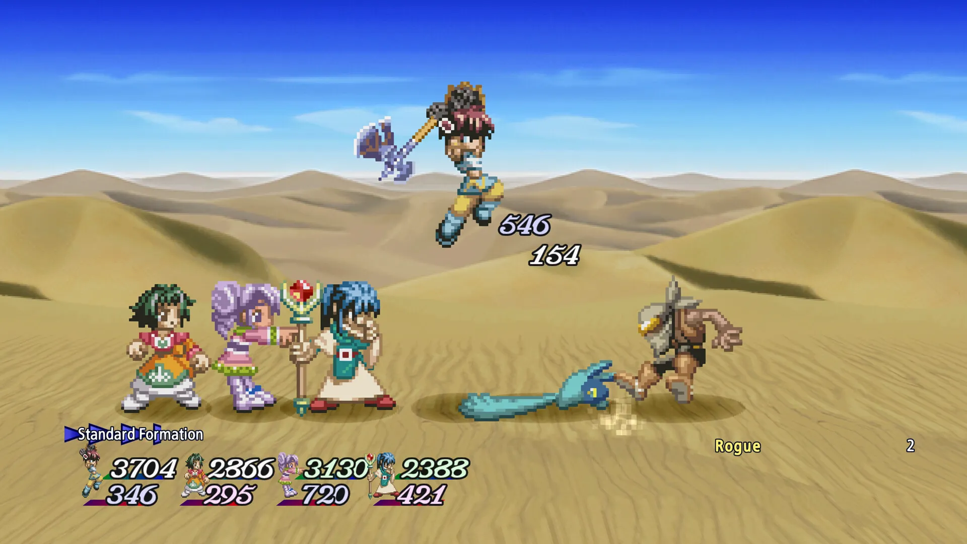 A desert battle in Tales of Eternia Remastered, with the party facing a beast and damage numbers on screen.