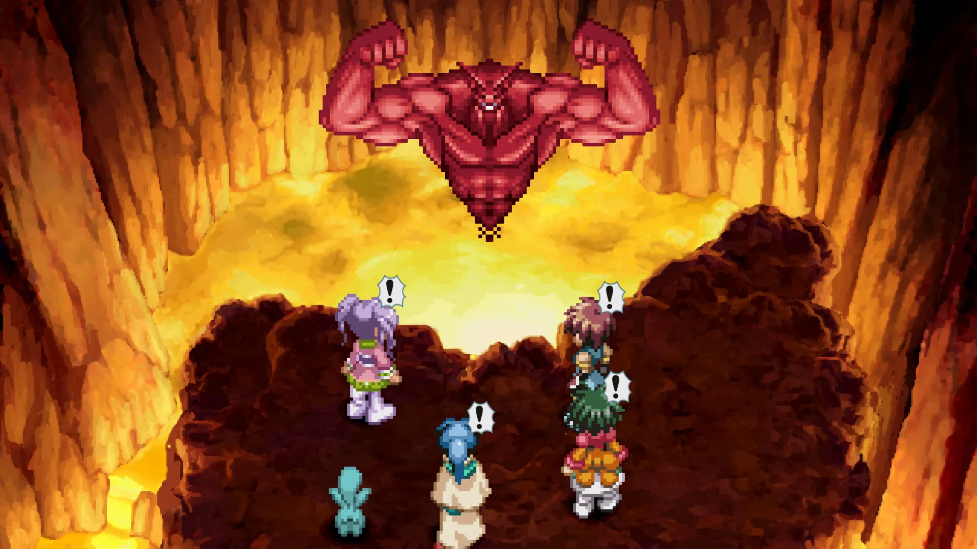 The party facing a large red boss inside a cavern in Tales of Eternia Remastered.