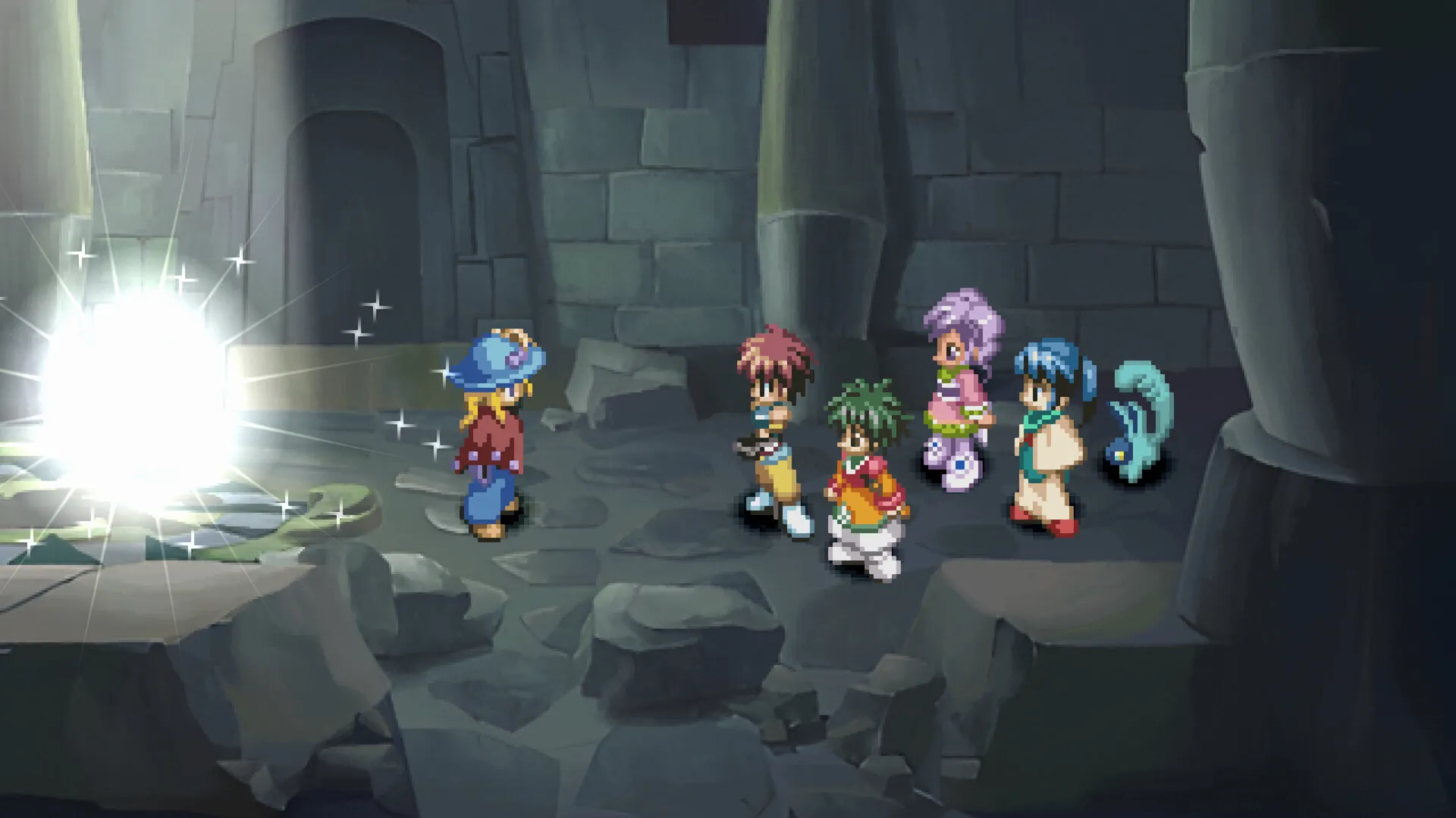 The party standing in a dark ruin as a bright light fills the chamber.