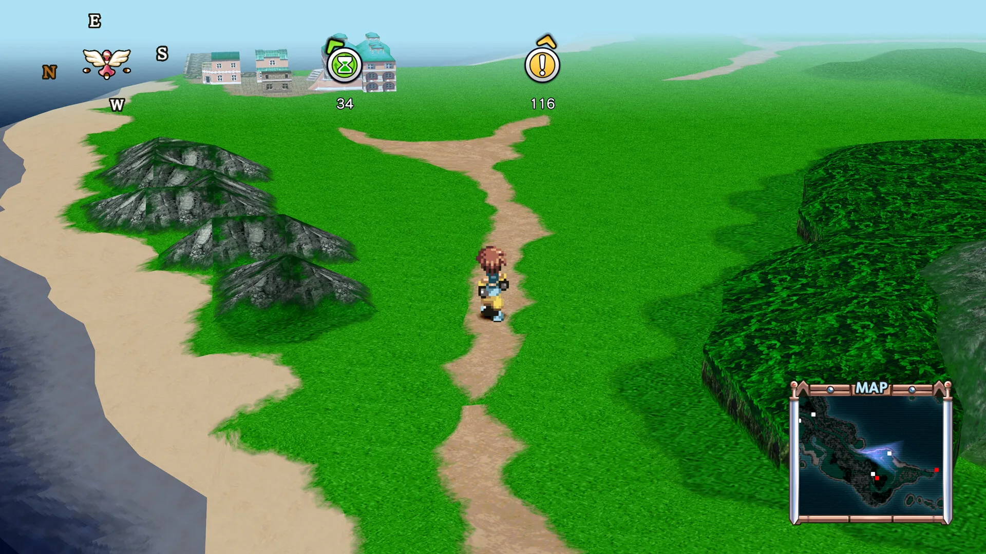 The world map in Tales of Eternia Remastered, a path through green hills with a minimap.