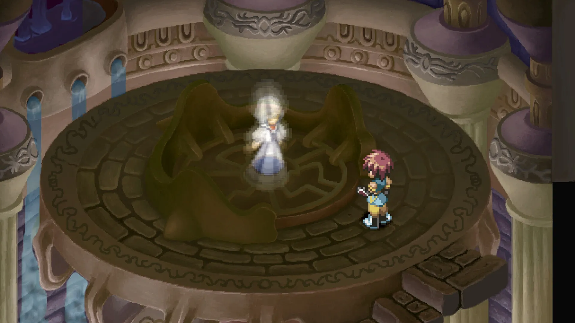 Reid beside a circular stone seal and a small glowing figure.