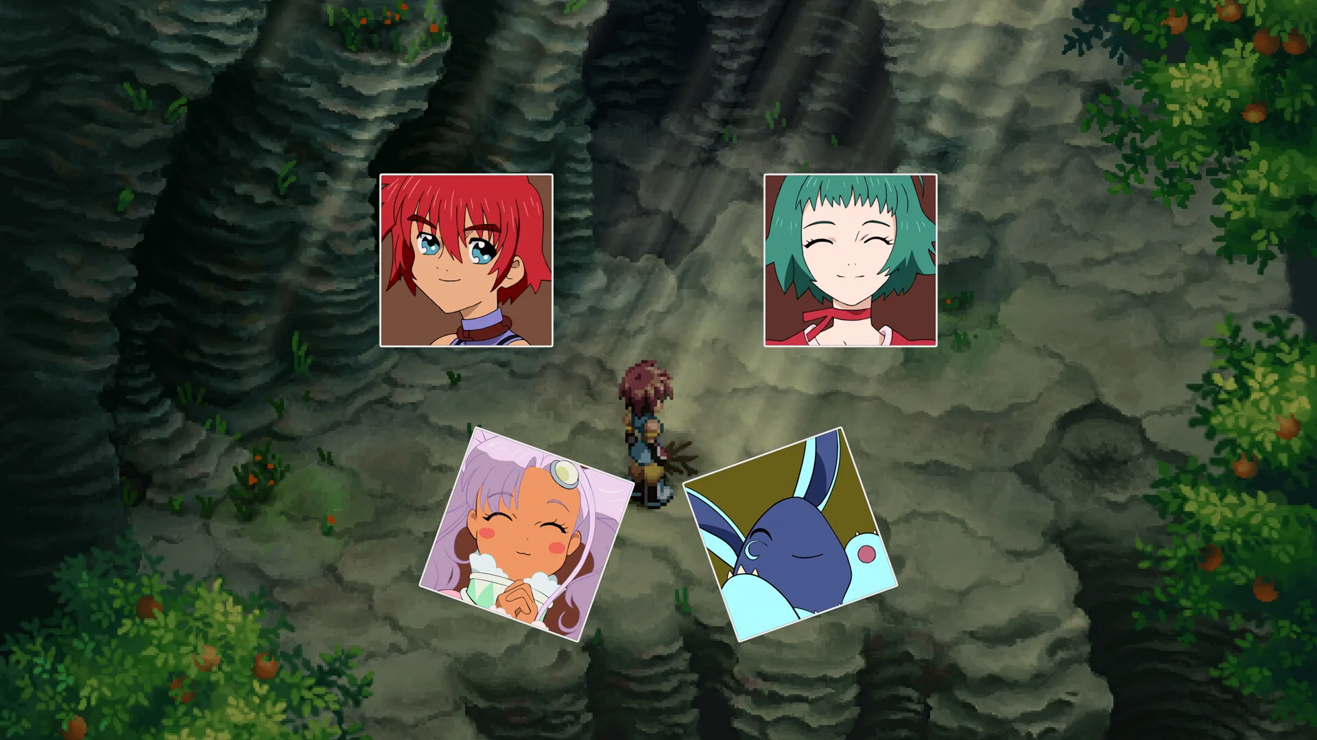 A skit in Tales of Eternia Remastered with portrait boxes for Reid, Farah, Meredy, and Quickie.